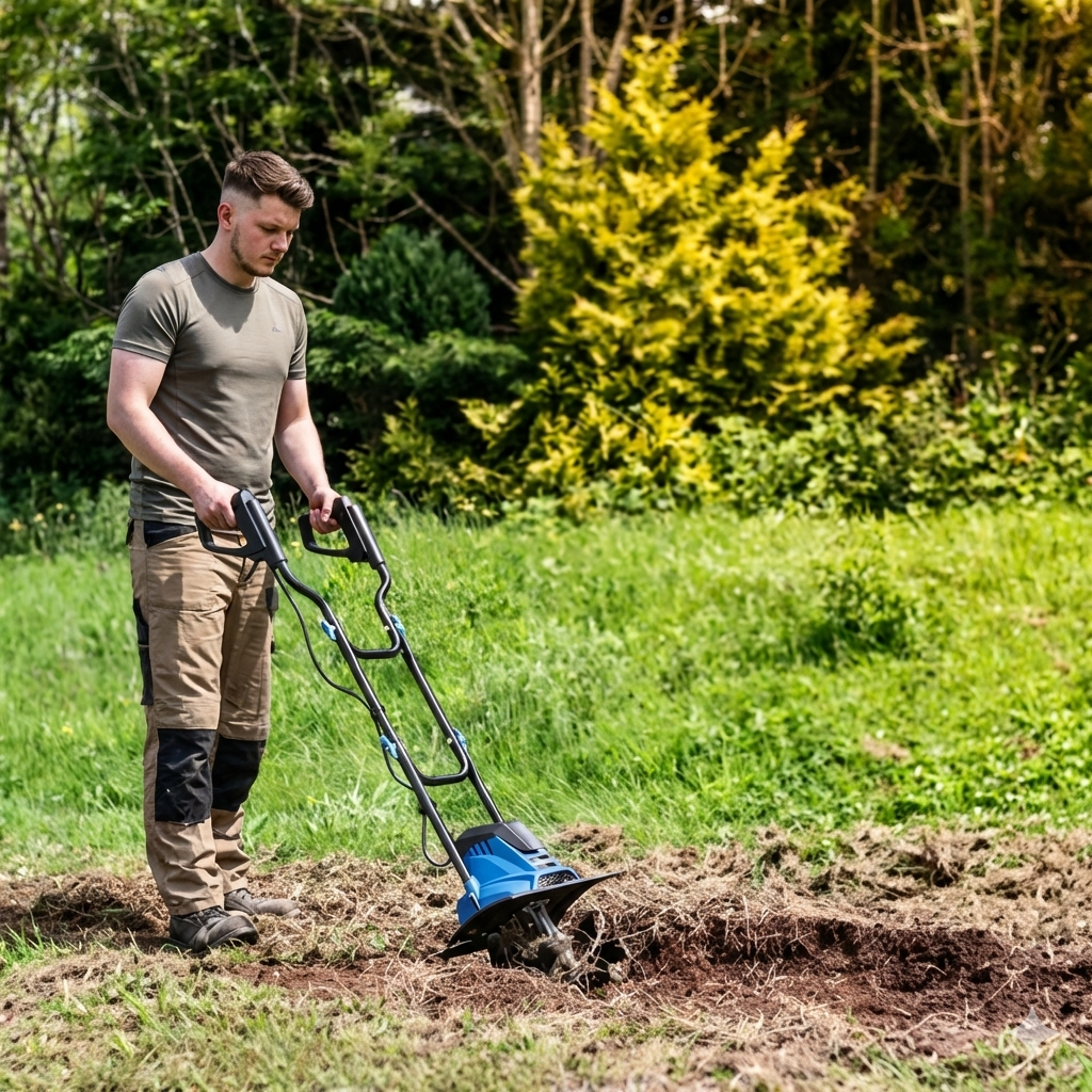 Hyundai HYT1050E 1050W electric tiller with foldable handles on grass