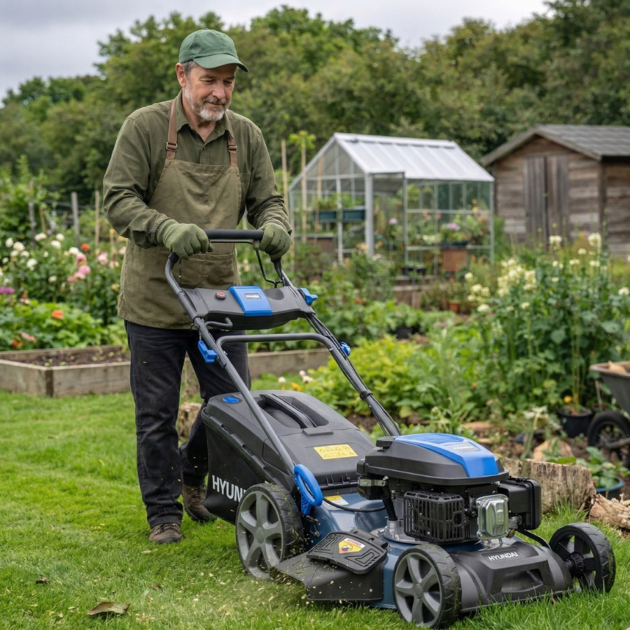 Hyundai HYM22200SPEX petrol lawn mower in action
