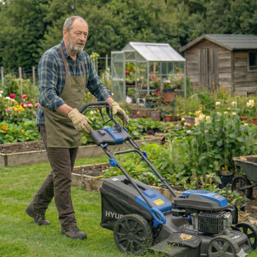 Hyundai HYM18150SPX self-propelled petrol lawn mower with 60L grass collector