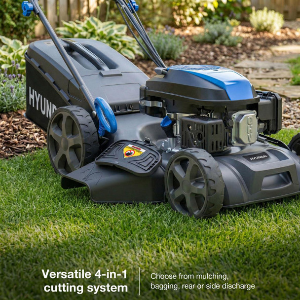 Hyundai HYM18150SPX petrol lawn mower front view showing 46cm steel cutting deck