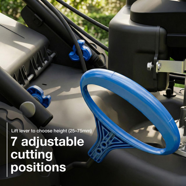 Close-up of the Hyundai HYM18150SPX single-lever cutting height adjustment and rear wheel